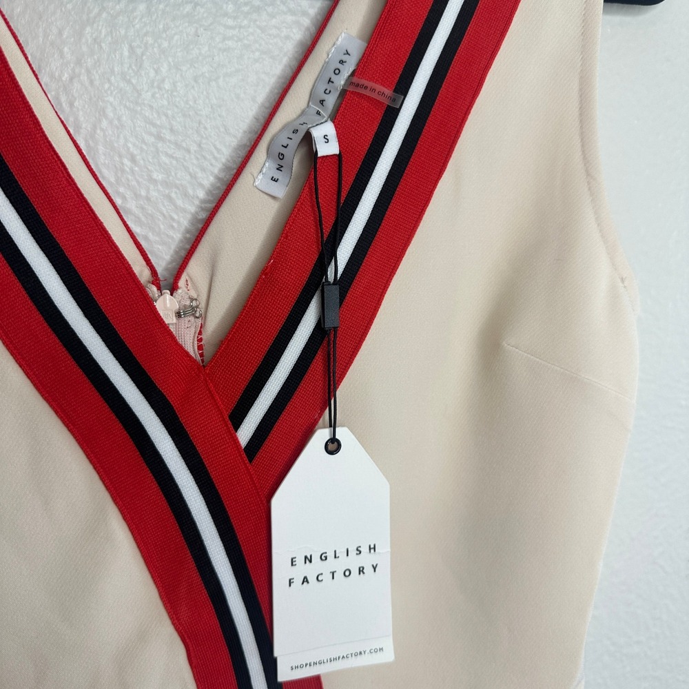 English Factory Varsity Stripe Mini Dress Cream Striped V-Neck Size Small NWT - Picture 4 of 8